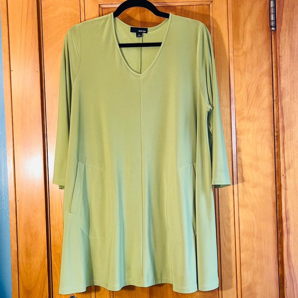 Sun Kim Lime Green Swing Tunic/Short Dress with Pockets and 3/4 Sleeves Large